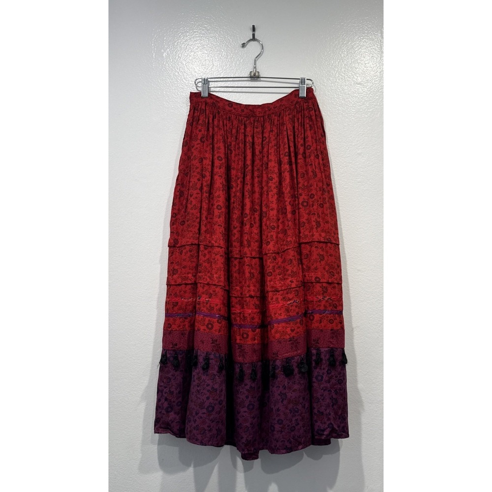 Carole Little Floral Tiered Maxi Skirt Red Purple Tassel Boho Cottage Country